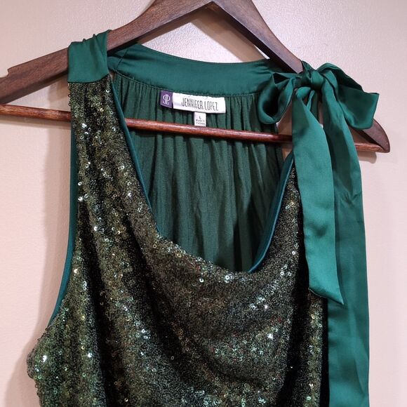Jennifer Lopez Women L Sequin Cowl Neck Drape Top Shoulder Bow Tie Emerald Green - Picture 2 of 10